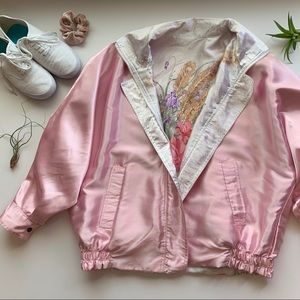 Vintage Oversized Silky Bomber Jacket Pink Floral